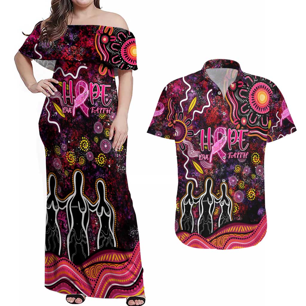 Breast Cancer Aboriginal Couples Matching Off Shoulder Maxi Dress and Hawaiian Shirt Australian Indigenous Never Give Up - Faith Hope Love