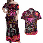 Breast Cancer Aboriginal Couples Matching Off Shoulder Maxi Dress and Hawaiian Shirt Australian Indigenous Never Give Up - Faith Hope Love