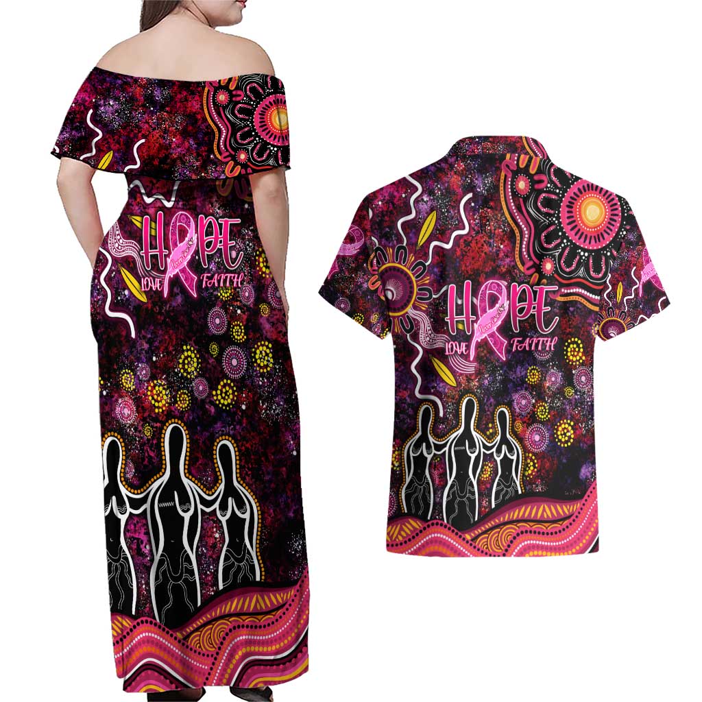 Breast Cancer Aboriginal Couples Matching Off Shoulder Maxi Dress and Hawaiian Shirt Australian Indigenous Never Give Up - Faith Hope Love
