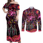 Breast Cancer Aboriginal Couples Matching Off Shoulder Maxi Dress and Long Sleeve Button Shirt Australian Indigenous Never Give Up - Faith Hope Love
