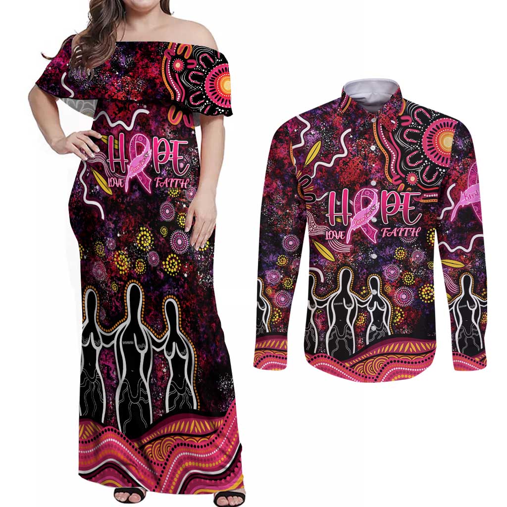 Breast Cancer Aboriginal Couples Matching Off Shoulder Maxi Dress and Long Sleeve Button Shirt Australian Indigenous Never Give Up - Faith Hope Love