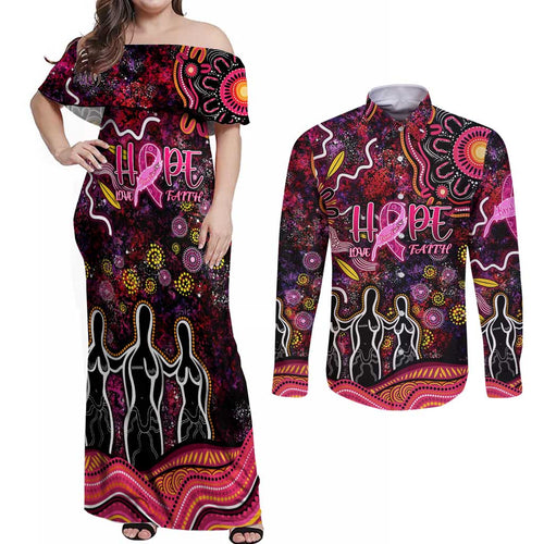 Breast Cancer Aboriginal Couples Matching Off Shoulder Maxi Dress and Long Sleeve Button Shirt Australian Indigenous Never Give Up - Faith Hope Love