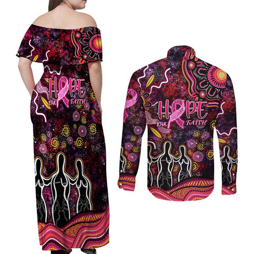 Breast Cancer Aboriginal Couples Matching Off Shoulder Maxi Dress and Long Sleeve Button Shirt Australian Indigenous Never Give Up - Faith Hope Love