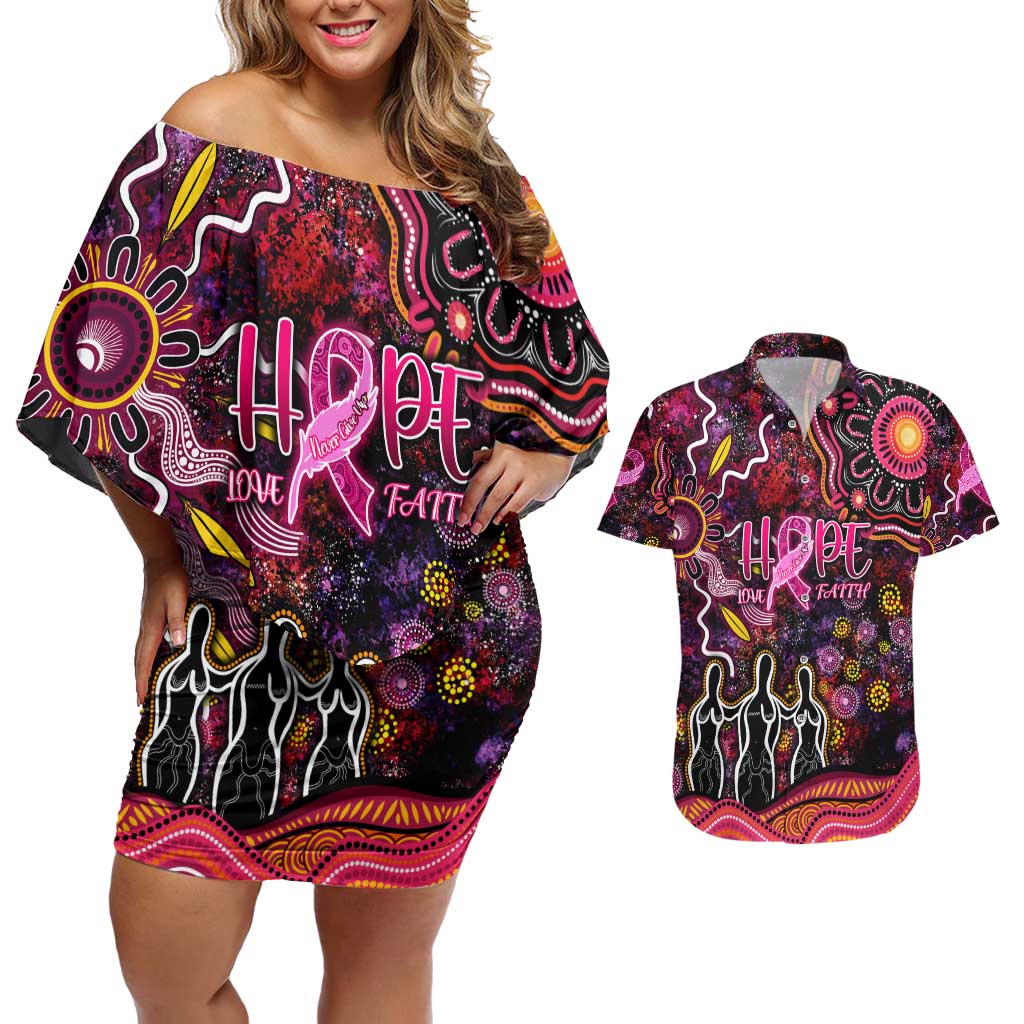 Breast Cancer Aboriginal Couples Matching Off Shoulder Short Dress and Hawaiian Shirt Australian Indigenous Never Give Up - Faith Hope Love