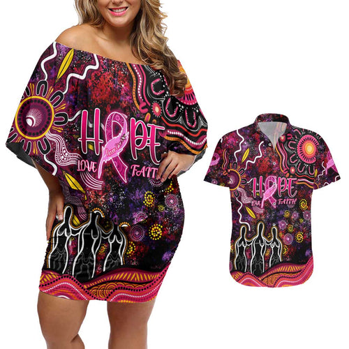 Breast Cancer Aboriginal Couples Matching Off Shoulder Short Dress and Hawaiian Shirt Australian Indigenous Never Give Up - Faith Hope Love