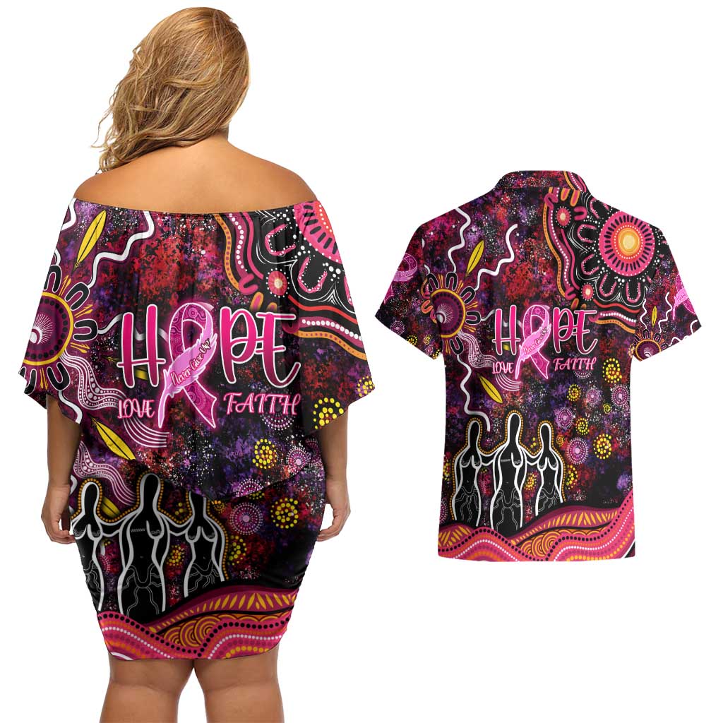 Breast Cancer Aboriginal Couples Matching Off Shoulder Short Dress and Hawaiian Shirt Australian Indigenous Never Give Up - Faith Hope Love