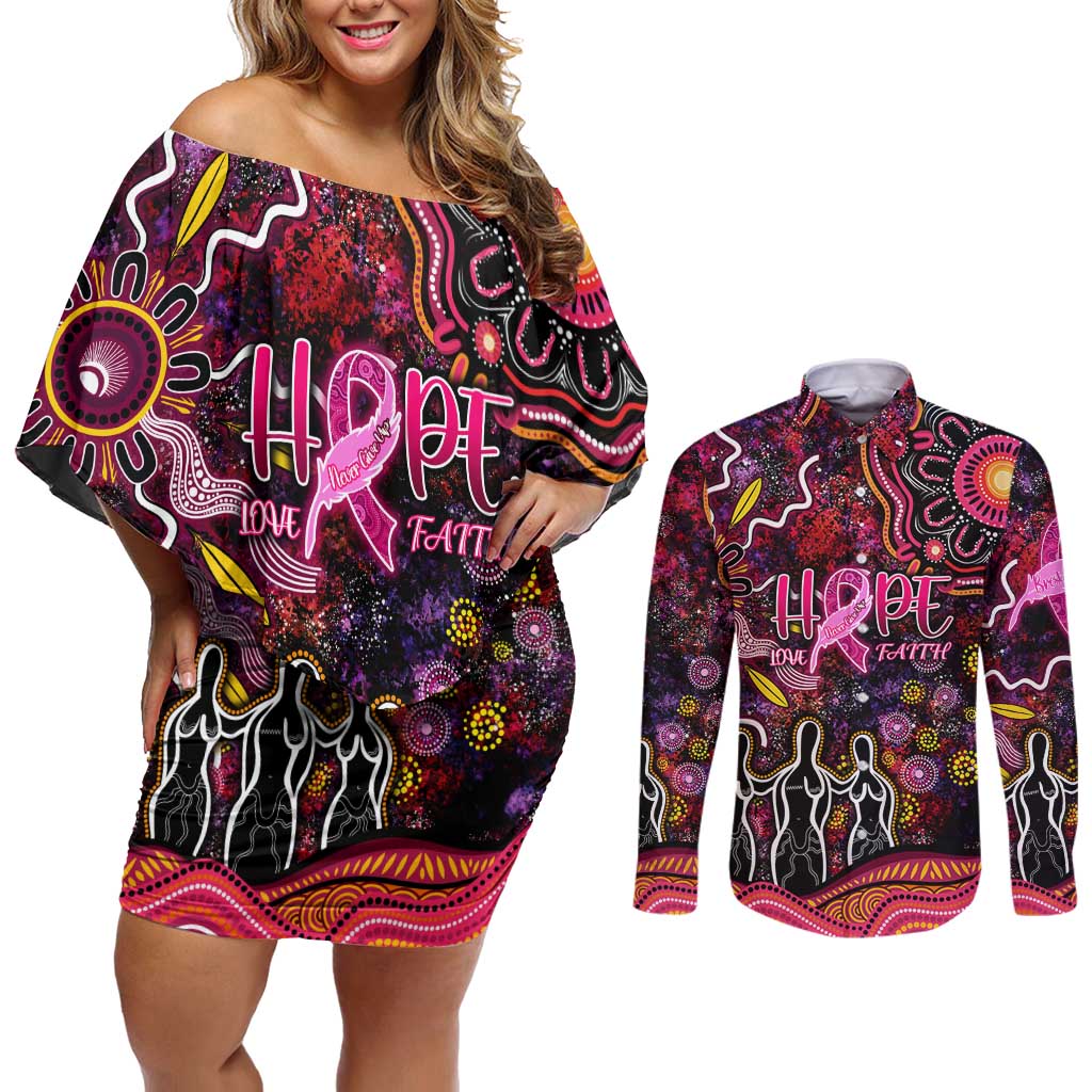 Breast Cancer Aboriginal Couples Matching Off Shoulder Short Dress and Long Sleeve Button Shirt Australian Indigenous Never Give Up - Faith Hope Love