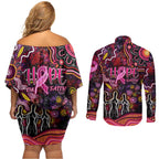 Breast Cancer Aboriginal Couples Matching Off Shoulder Short Dress and Long Sleeve Button Shirt Australian Indigenous Never Give Up - Faith Hope Love