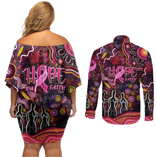 Breast Cancer Aboriginal Couples Matching Off Shoulder Short Dress and Long Sleeve Button Shirt Australian Indigenous Never Give Up - Faith Hope Love
