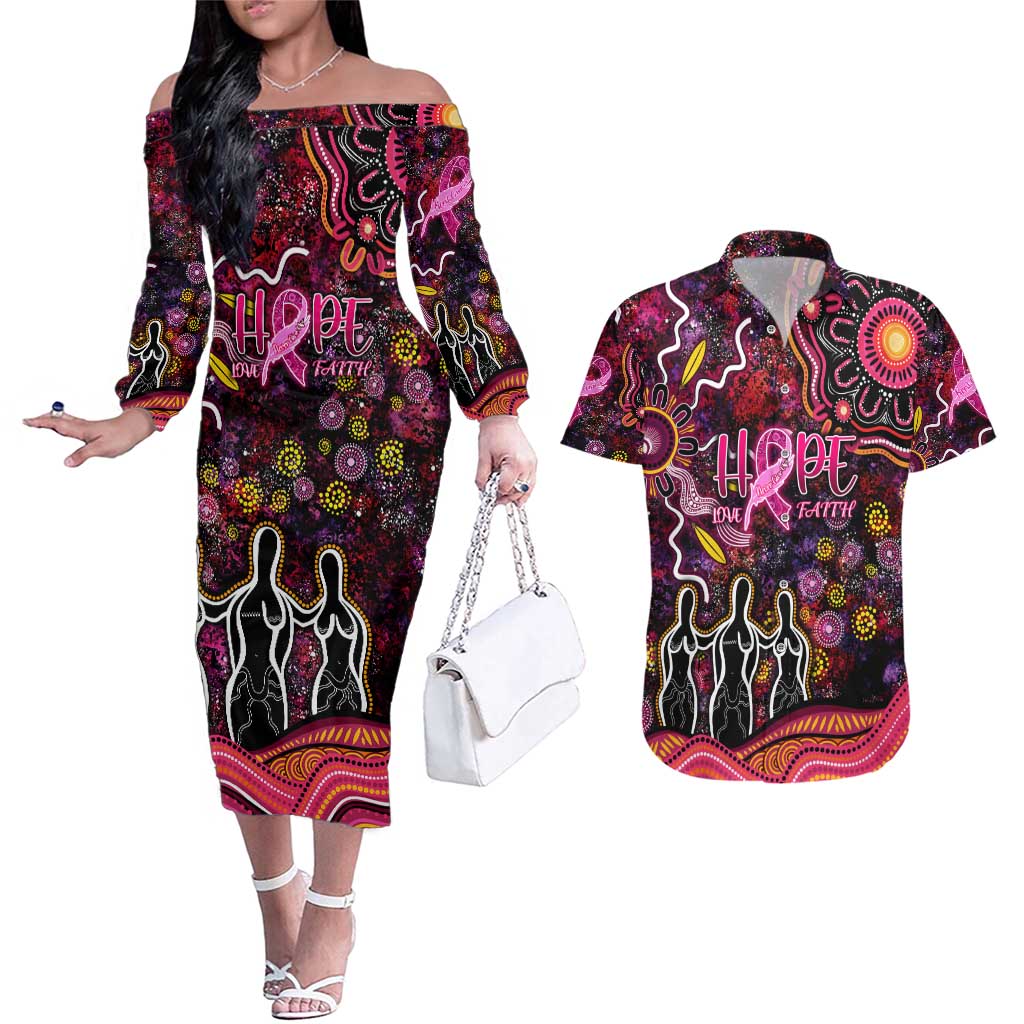 Breast Cancer Aboriginal Couples Matching Off The Shoulder Long Sleeve Dress and Hawaiian Shirt Australian Indigenous Never Give Up - Faith Hope Love