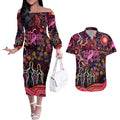 Breast Cancer Aboriginal Couples Matching Off The Shoulder Long Sleeve Dress and Hawaiian Shirt Australian Indigenous Never Give Up - Faith Hope Love
