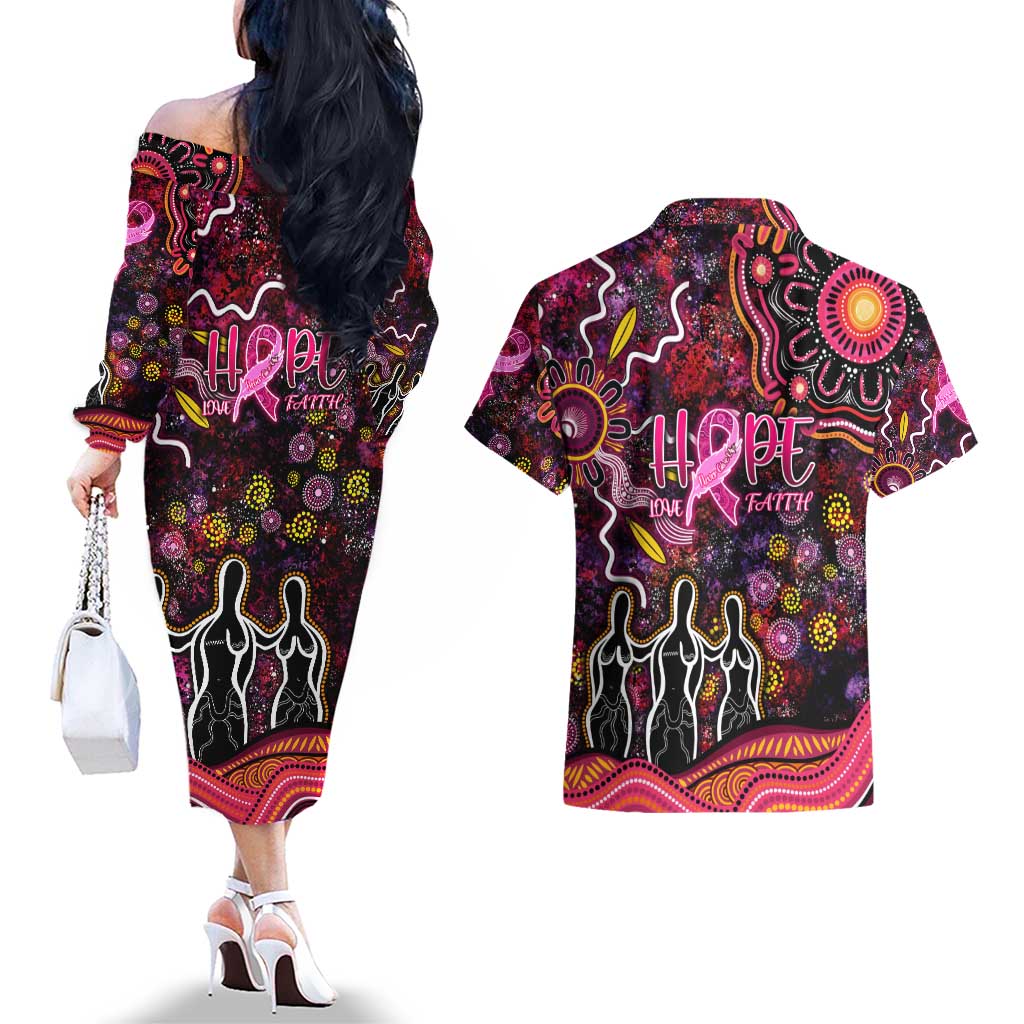 Breast Cancer Aboriginal Couples Matching Off The Shoulder Long Sleeve Dress and Hawaiian Shirt Australian Indigenous Never Give Up - Faith Hope Love