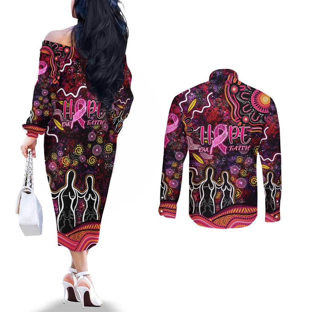 Breast Cancer Aboriginal Couples Matching Off The Shoulder Long Sleeve Dress and Long Sleeve Button Shirt Australian Indigenous Never Give Up - Faith Hope Love