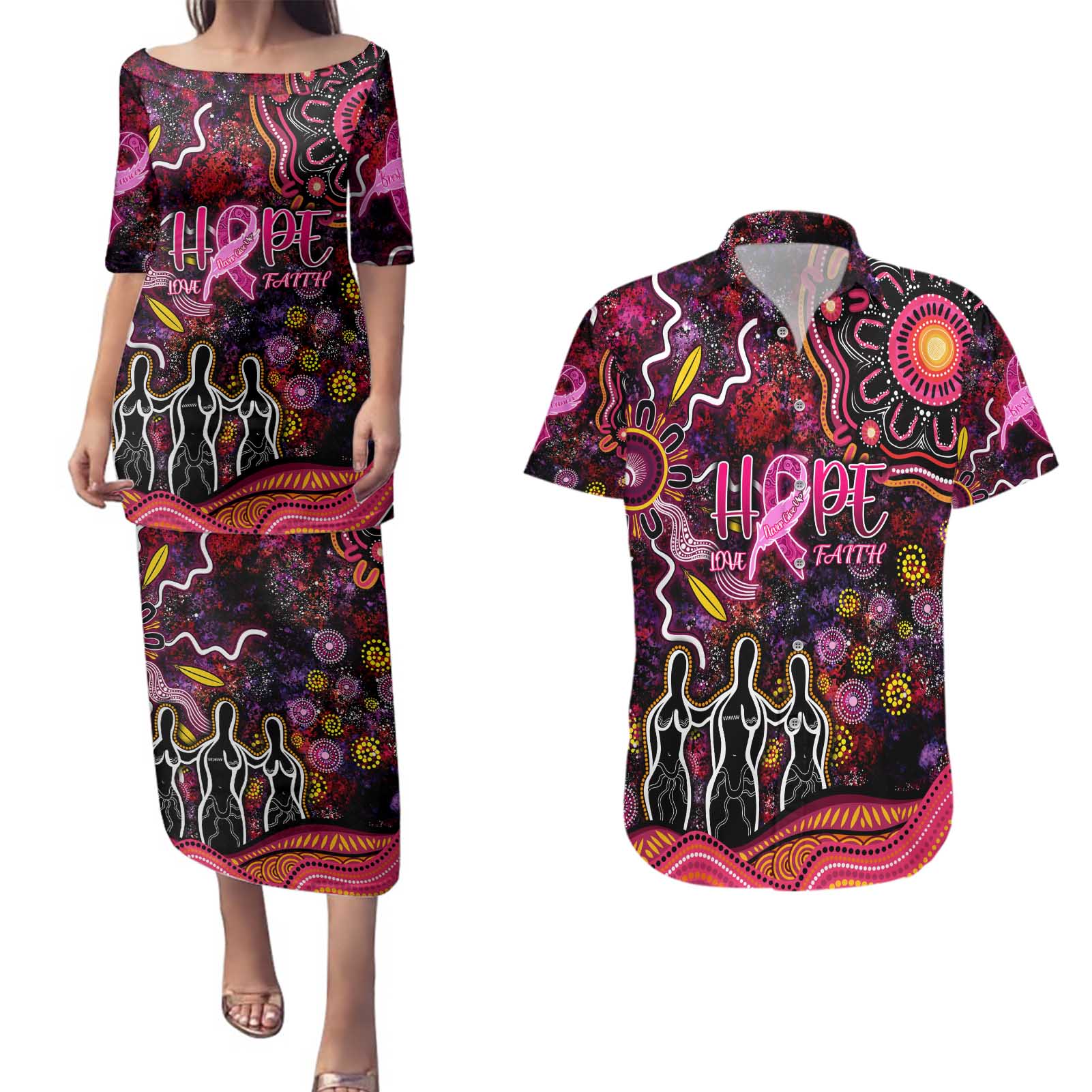 Breast Cancer Aboriginal Couples Matching Puletasi and Hawaiian Shirt Australian Indigenous Never Give Up - Faith Hope Love