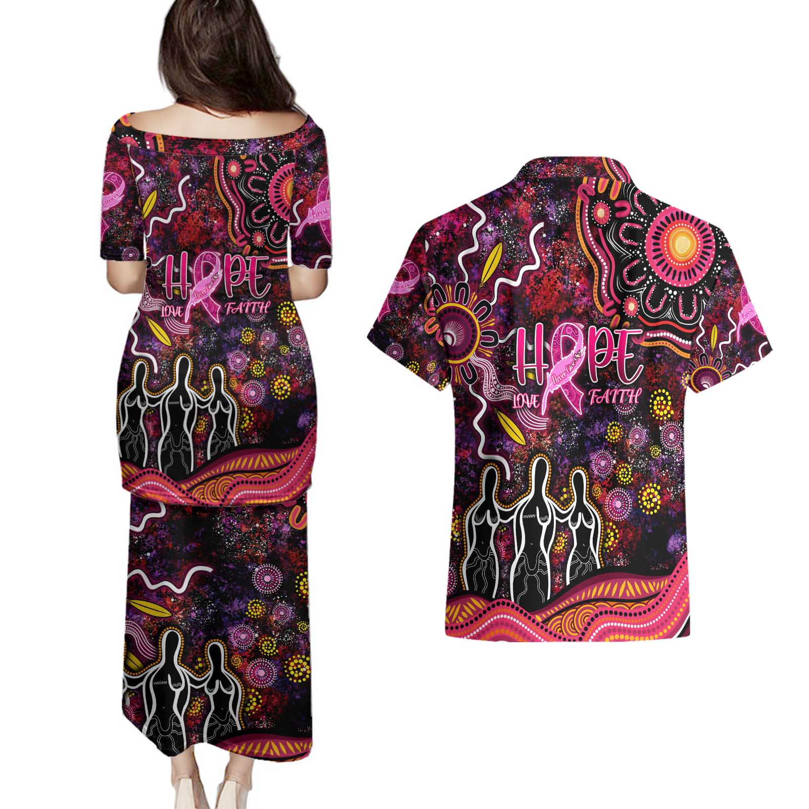 Breast Cancer Aboriginal Couples Matching Puletasi and Hawaiian Shirt Australian Indigenous Never Give Up - Faith Hope Love