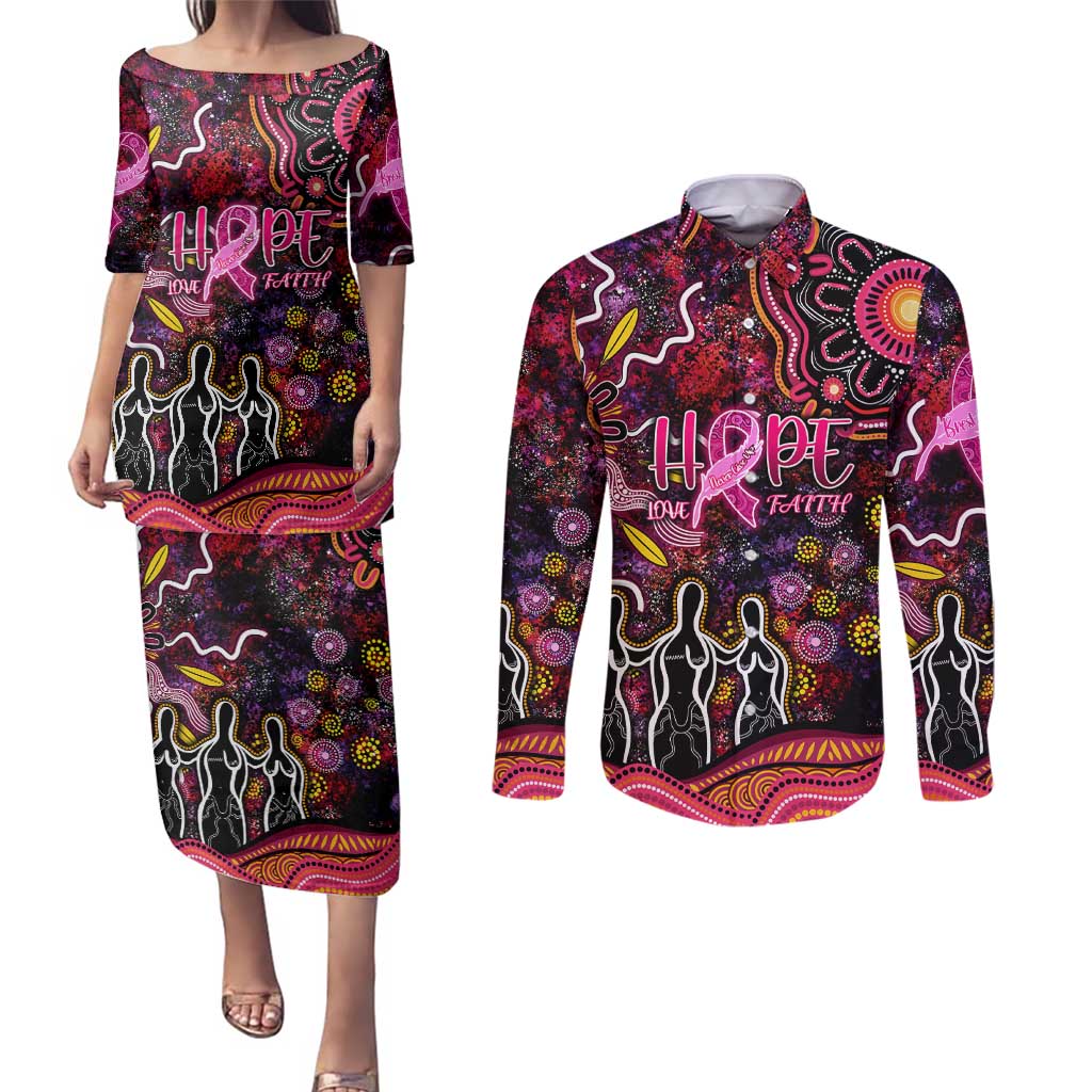 Breast Cancer Aboriginal Couples Matching Puletasi and Long Sleeve Button Shirt Australian Indigenous Never Give Up - Faith Hope Love