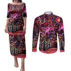 Breast Cancer Aboriginal Couples Matching Puletasi and Long Sleeve Button Shirt Australian Indigenous Never Give Up - Faith Hope Love