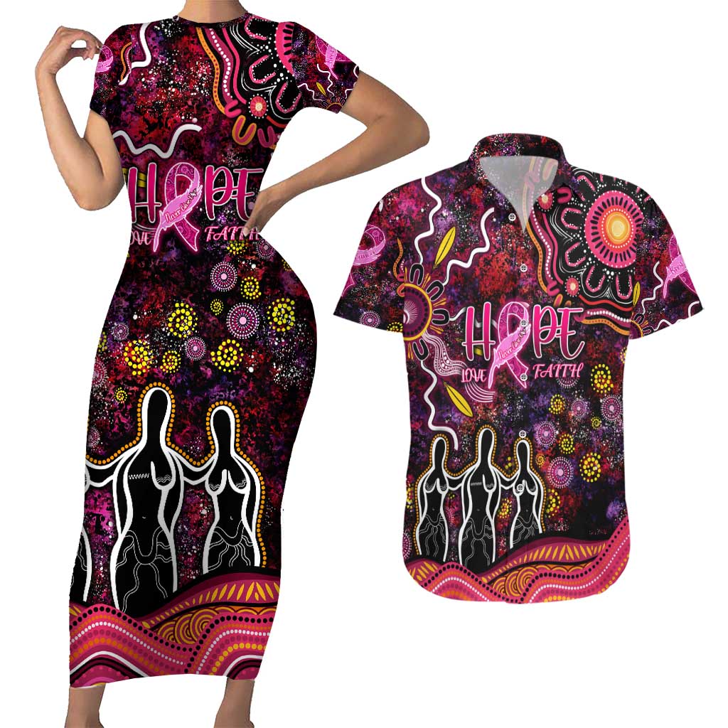 Breast Cancer Aboriginal Couples Matching Short Sleeve Bodycon Dress and Hawaiian Shirt Australian Indigenous Never Give Up - Faith Hope Love