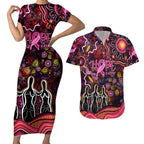 Breast Cancer Aboriginal Couples Matching Short Sleeve Bodycon Dress and Hawaiian Shirt Australian Indigenous Never Give Up - Faith Hope Love