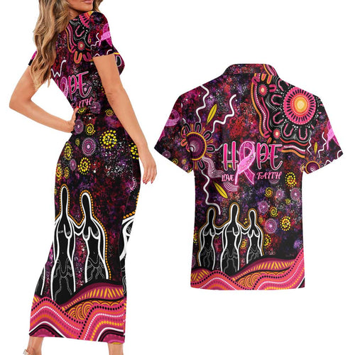 Breast Cancer Aboriginal Couples Matching Short Sleeve Bodycon Dress and Hawaiian Shirt Australian Indigenous Never Give Up - Faith Hope Love