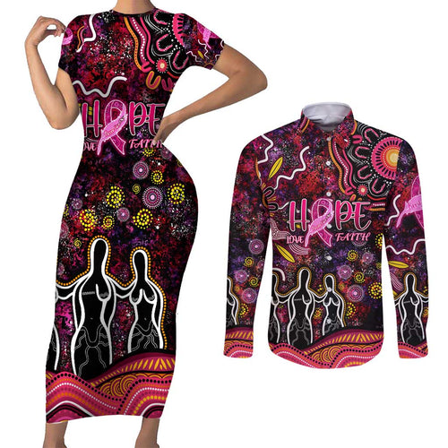 Breast Cancer Aboriginal Couples Matching Short Sleeve Bodycon Dress and Long Sleeve Button Shirt Australian Indigenous Never Give Up - Faith Hope Love