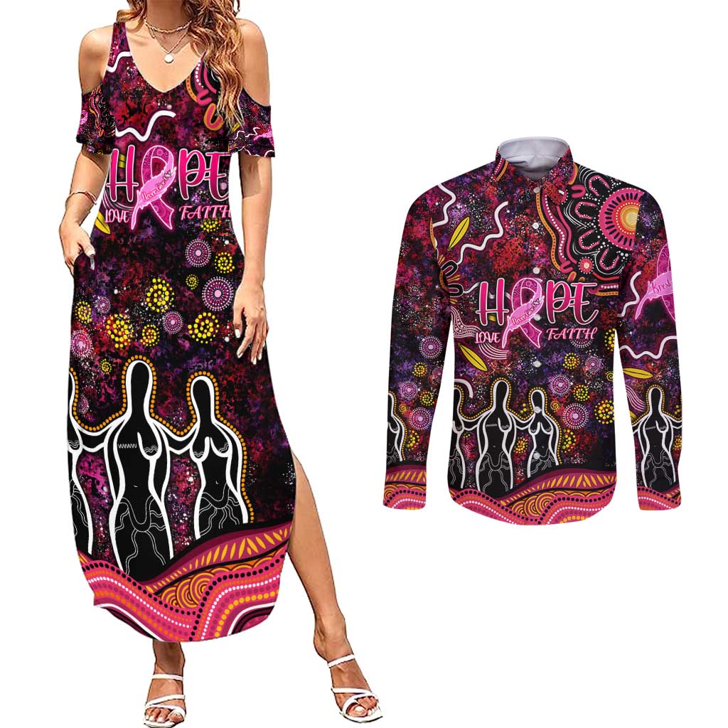 Breast Cancer Aboriginal Couples Matching Summer Maxi Dress and Long Sleeve Button Shirt Australian Indigenous Never Give Up - Faith Hope Love