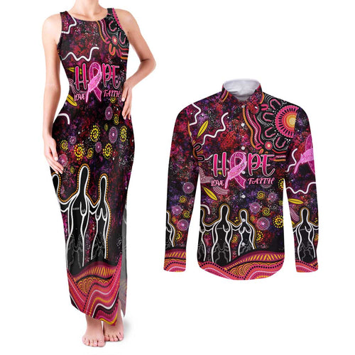 Breast Cancer Aboriginal Couples Matching Tank Maxi Dress and Long Sleeve Button Shirt Australian Indigenous Never Give Up - Faith Hope Love