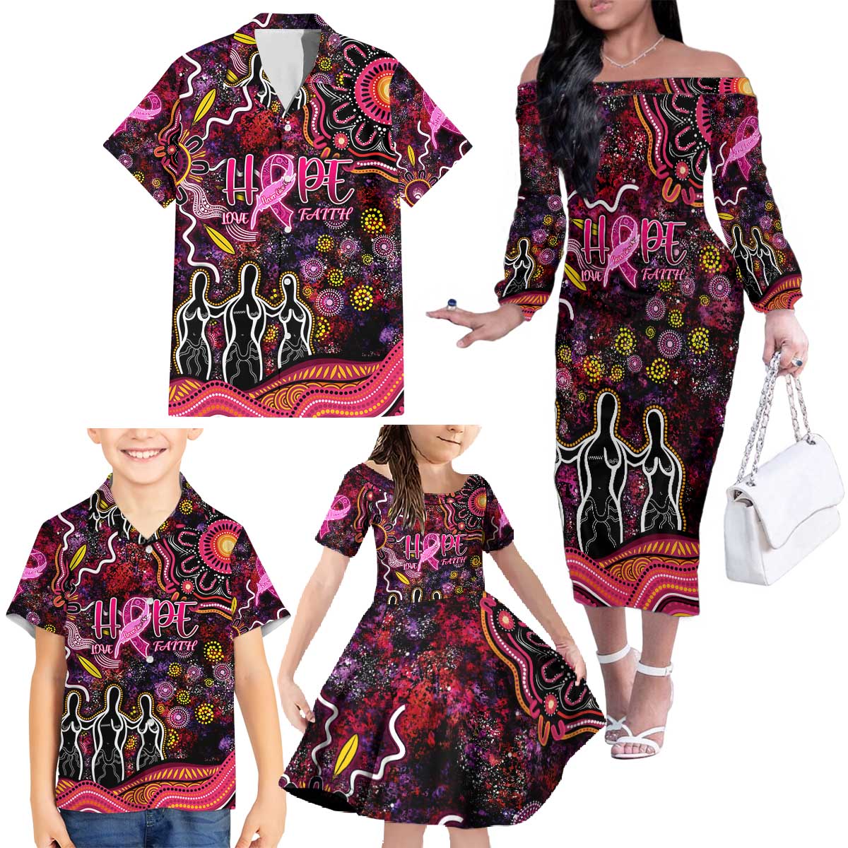 Breast Cancer Aboriginal Family Matching Off The Shoulder Long Sleeve Dress and Hawaiian Shirt Australian Indigenous Never Give Up - Faith Hope Love