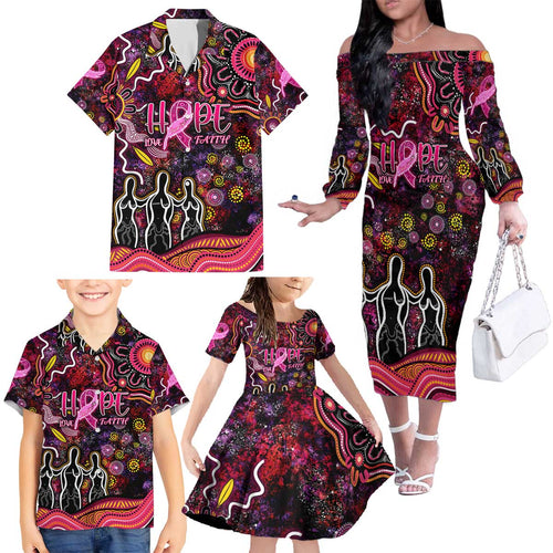 Breast Cancer Aboriginal Family Matching Off The Shoulder Long Sleeve Dress and Hawaiian Shirt Australian Indigenous Never Give Up - Faith Hope Love