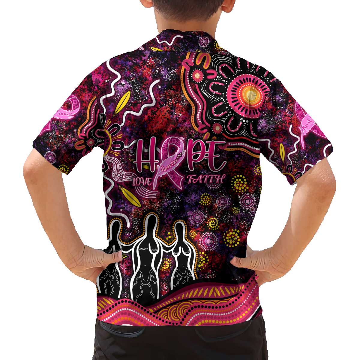 Breast Cancer Aboriginal Family Matching Off The Shoulder Long Sleeve Dress and Hawaiian Shirt Australian Indigenous Never Give Up - Faith Hope Love