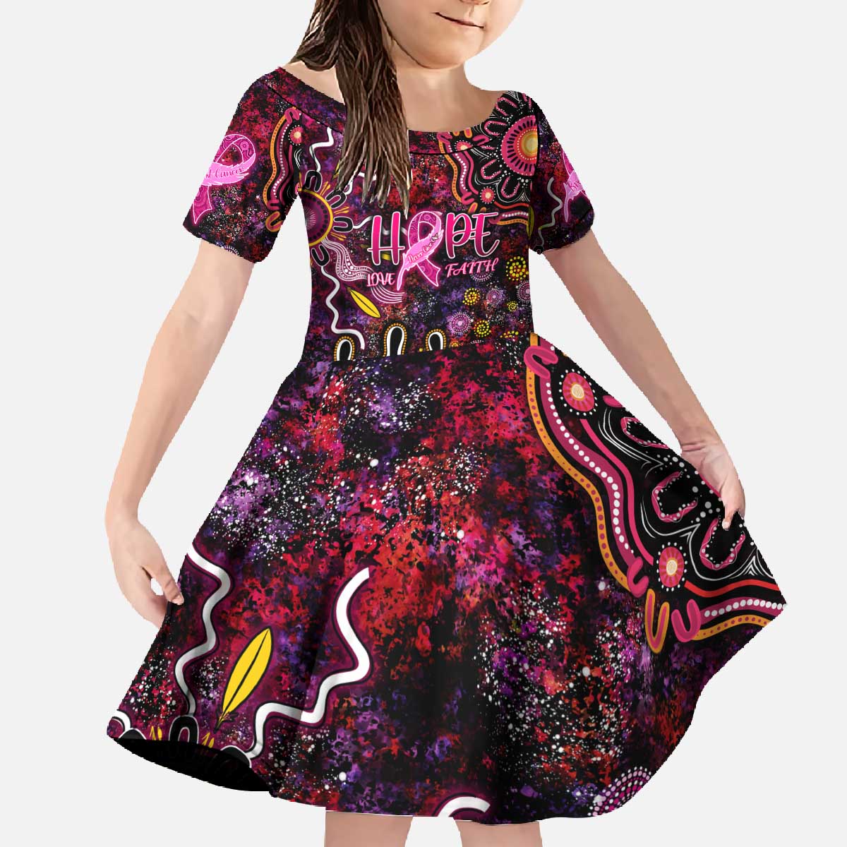 Breast Cancer Aboriginal Family Matching Off The Shoulder Long Sleeve Dress and Hawaiian Shirt Australian Indigenous Never Give Up - Faith Hope Love