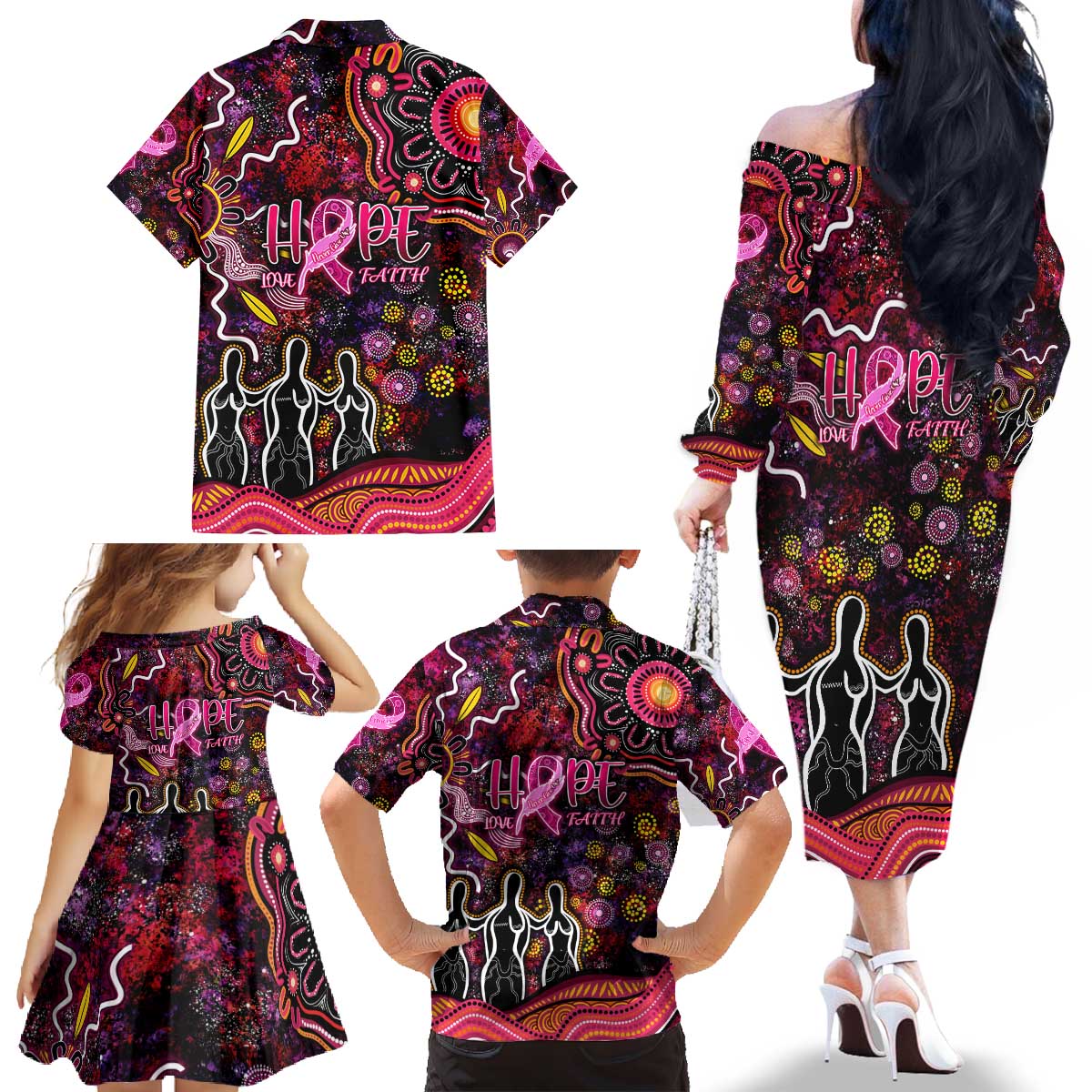 Breast Cancer Aboriginal Family Matching Off The Shoulder Long Sleeve Dress and Hawaiian Shirt Australian Indigenous Never Give Up - Faith Hope Love