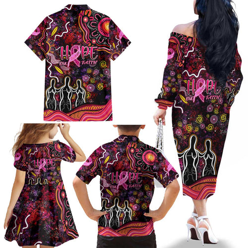 Breast Cancer Aboriginal Family Matching Off The Shoulder Long Sleeve Dress and Hawaiian Shirt Australian Indigenous Never Give Up - Faith Hope Love