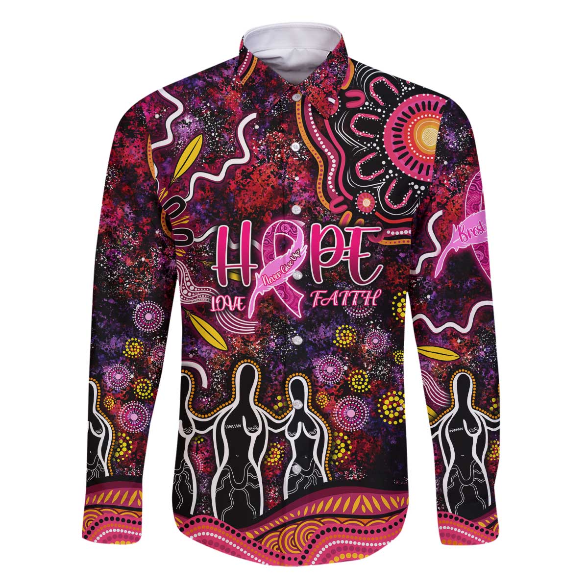 Breast Cancer Aboriginal Family Matching Off The Shoulder Long Sleeve Dress and Hawaiian Shirt Australian Indigenous Never Give Up - Faith Hope Love