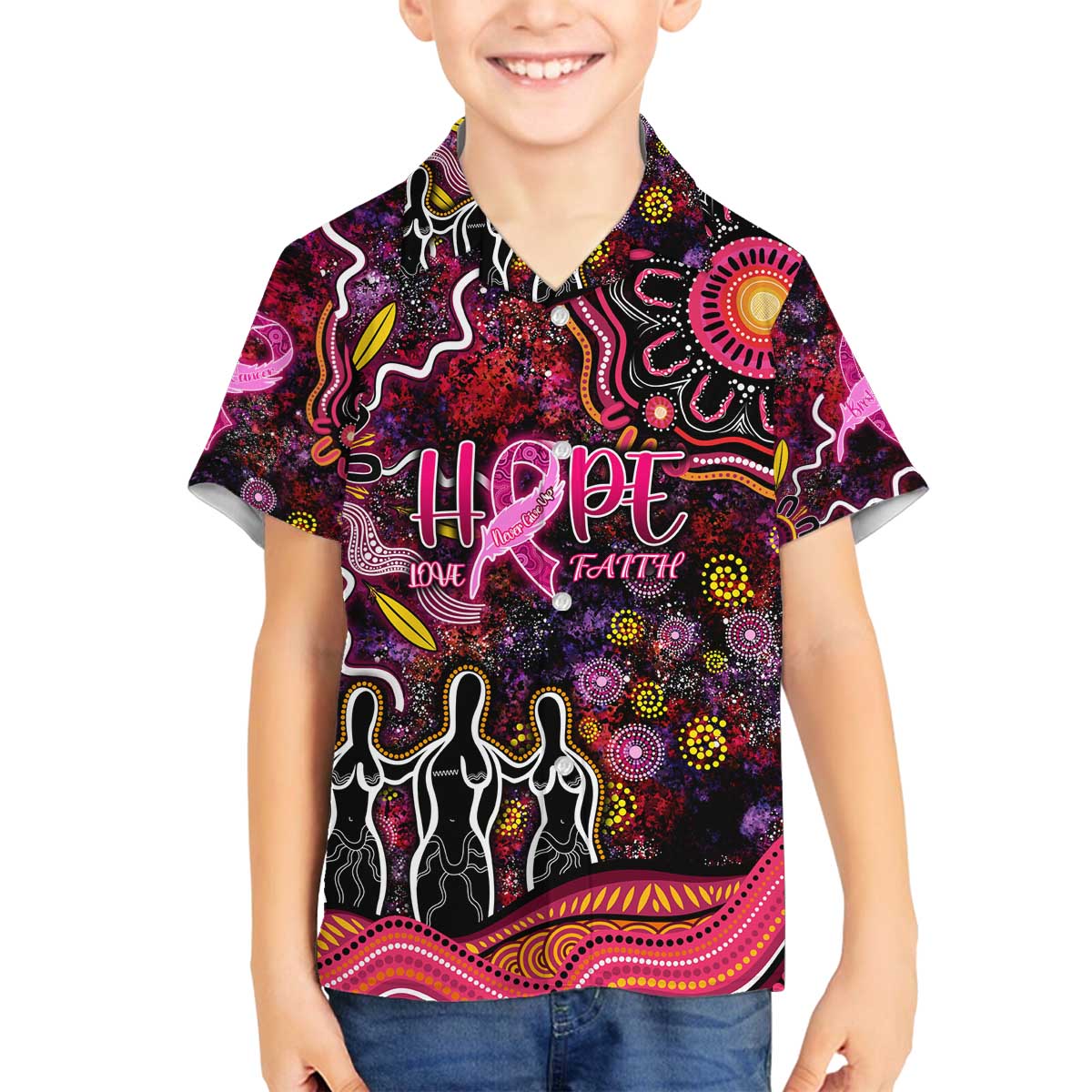 Breast Cancer Aboriginal Family Matching Off The Shoulder Long Sleeve Dress and Hawaiian Shirt Australian Indigenous Never Give Up - Faith Hope Love