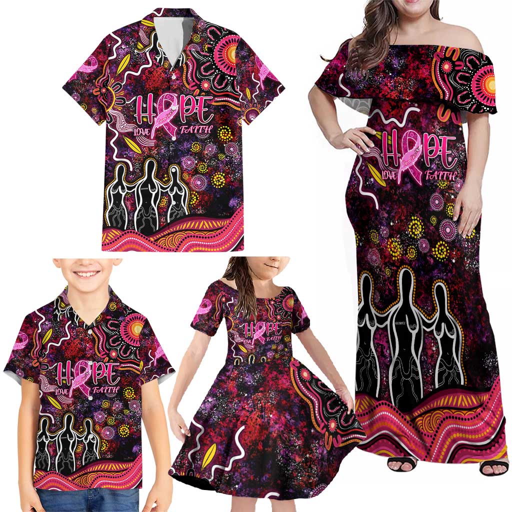 Breast Cancer Aboriginal Family Matching Off Shoulder Maxi Dress and Hawaiian Shirt Australian Indigenous Never Give Up - Faith Hope Love