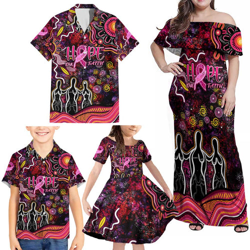 Breast Cancer Aboriginal Family Matching Off Shoulder Maxi Dress and Hawaiian Shirt Australian Indigenous Never Give Up - Faith Hope Love