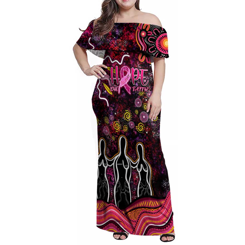 Breast Cancer Aboriginal Family Matching Off Shoulder Maxi Dress and Hawaiian Shirt Australian Indigenous Never Give Up - Faith Hope Love