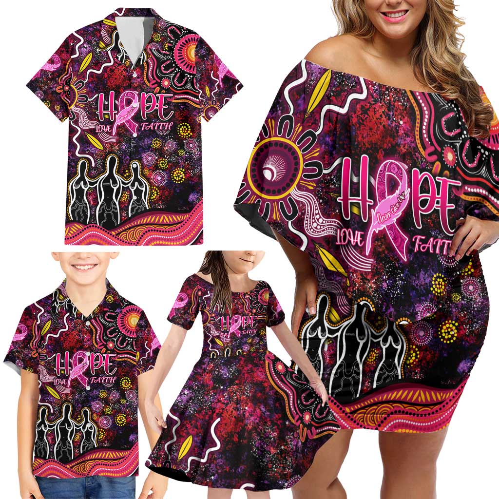 Breast Cancer Aboriginal Family Matching Off Shoulder Short Dress and Hawaiian Shirt Australian Indigenous Never Give Up - Faith Hope Love
