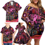 Breast Cancer Aboriginal Family Matching Off Shoulder Short Dress and Hawaiian Shirt Australian Indigenous Never Give Up - Faith Hope Love