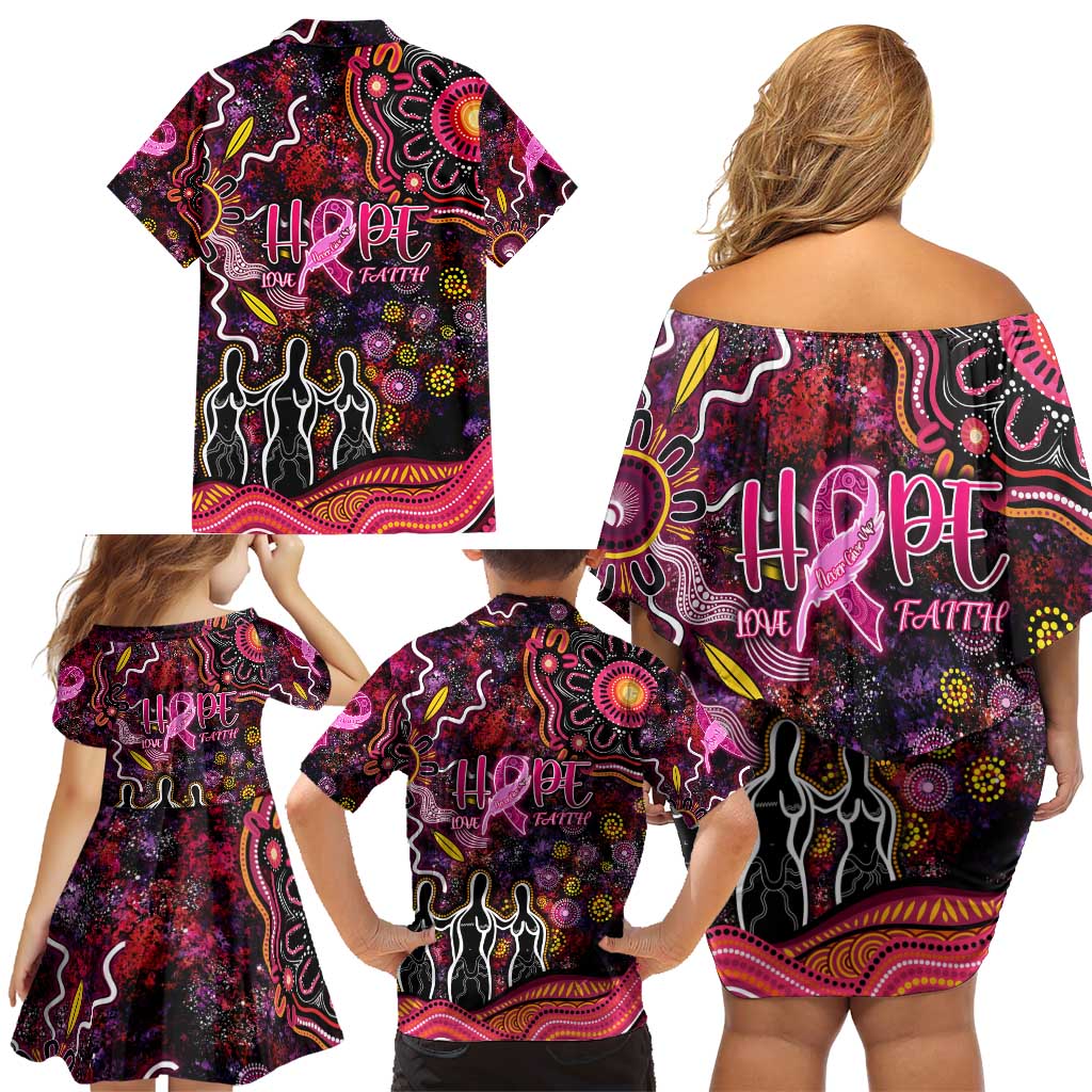 Breast Cancer Aboriginal Family Matching Off Shoulder Short Dress and Hawaiian Shirt Australian Indigenous Never Give Up - Faith Hope Love