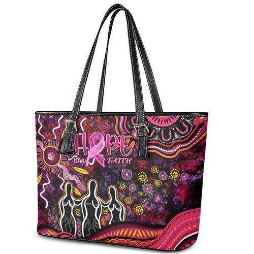 Breast Cancer Aboriginal Leather Tote Bag Australian Indigenous Never Give Up - Faith Hope Love