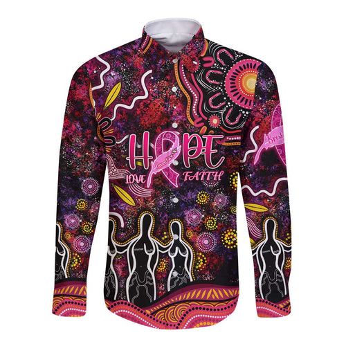 Breast Cancer Aboriginal Long Sleeve Button Shirt Australian Indigenous Never Give Up - Faith Hope Love