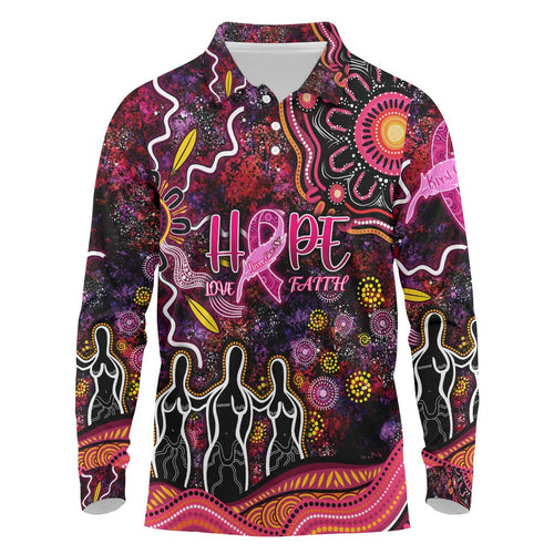 Breast Cancer Aboriginal Long Sleeve Polo Shirt Australian Indigenous Never Give Up - Faith Hope Love