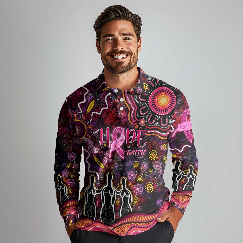 Breast Cancer Aboriginal Long Sleeve Polo Shirt Australian Indigenous Never Give Up - Faith Hope Love