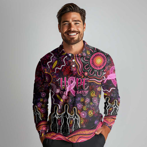 Breast Cancer Aboriginal Long Sleeve Polo Shirt Australian Indigenous Never Give Up - Faith Hope Love