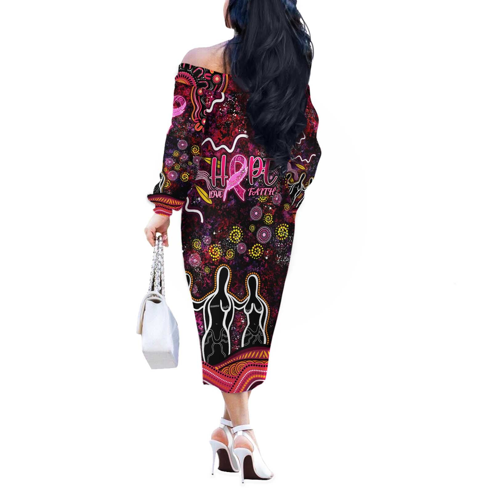 Breast Cancer Aboriginal Off The Shoulder Long Sleeve Dress Australian Indigenous Never Give Up - Faith Hope Love