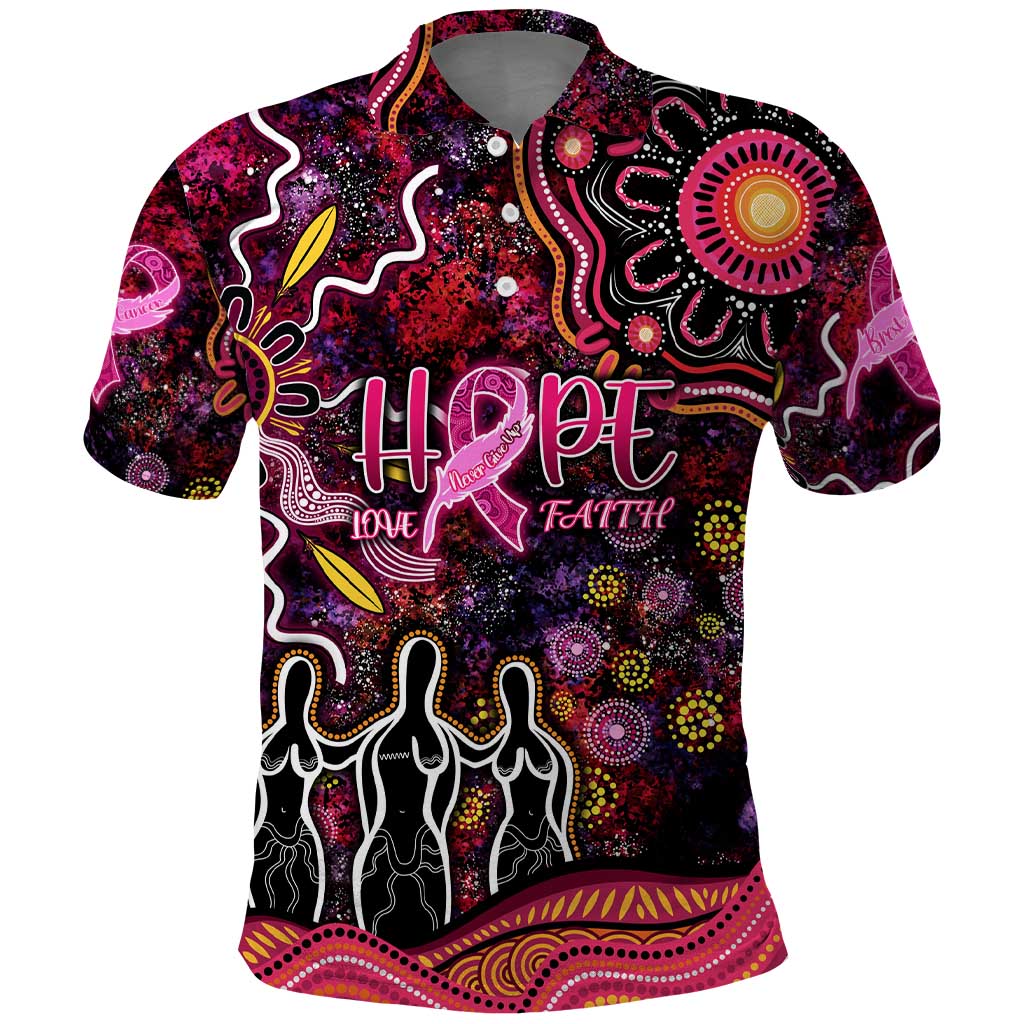 Breast Cancer Aboriginal Polo Shirt Australian Indigenous Never Give Up - Faith Hope Love