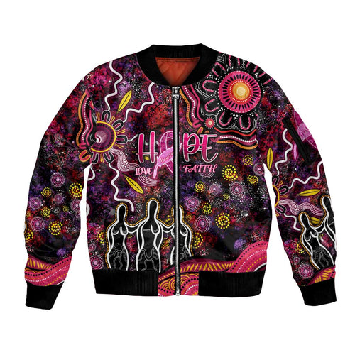 Breast Cancer Aboriginal Sleeve Zip Bomber Jacket Australian Indigenous Never Give Up - Faith Hope Love