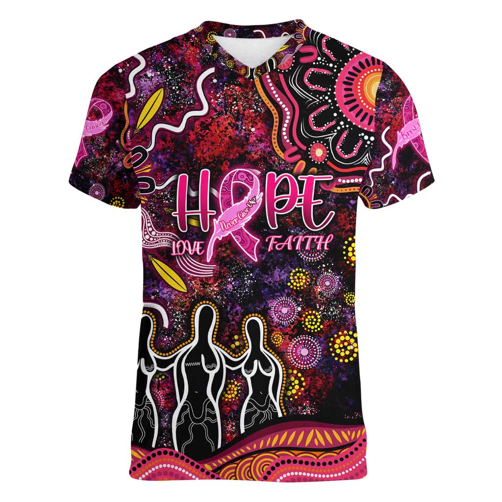Breast Cancer Aboriginal Women V-Neck T-Shirt Australian Indigenous Never Give Up - Faith Hope Love